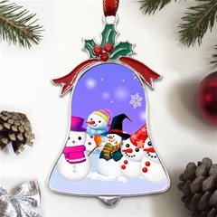 Let s Have Fun With Snowmen Metal Holly Leaf Bell Ornament