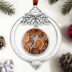 Orange, Slices, Fruits, Citrus Metal Silver X mas Leaves Round Ornament by kyorashop23