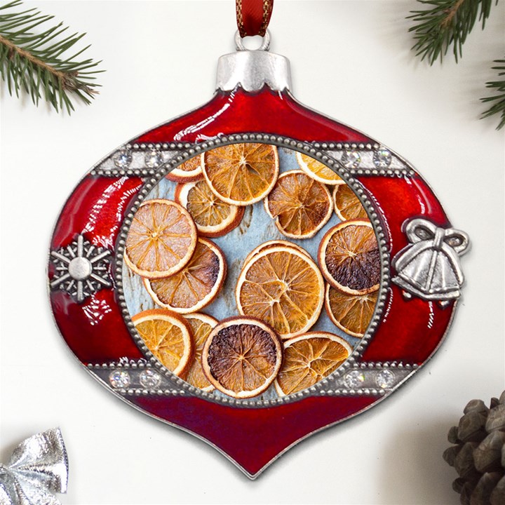 Orange, Slices, Fruits, Citrus Metal Snowflake And Bell Red Ornament