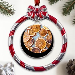 Orange, Slices, Fruits, Citrus Metal Red Ribbon Round Ornament by kyorashop23