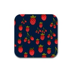 Strawberry Texture, Blue Background With Strawberries Rubber Square Coaster (4 Pack)