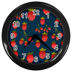 Strawberry Texture, Blue Background With Strawberries Wall Clock (black) by kyorashop23