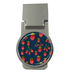 Strawberry Texture, Blue Background With Strawberries Money Clips (round) 