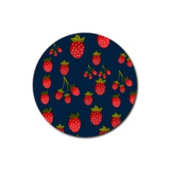 Strawberry Texture, Blue Background With Strawberries Rubber Coaster (round)