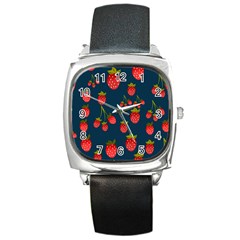 Strawberry Texture, Blue Background With Strawberries Square Metal Watch