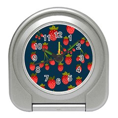 Strawberry Texture, Blue Background With Strawberries Travel Alarm Clock by kyorashop23