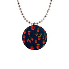 Strawberry Texture, Blue Background With Strawberries 1  Button Necklace by kyorashop23