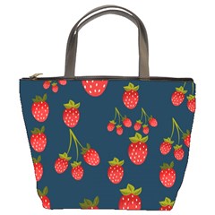 Strawberry Texture, Blue Background With Strawberries Bucket Bag