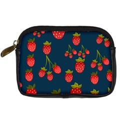 Strawberry Texture, Blue Background With Strawberries Digital Camera Leather Case