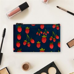 Strawberry Texture, Blue Background With Strawberries Cosmetic Bag (small) by kyorashop23