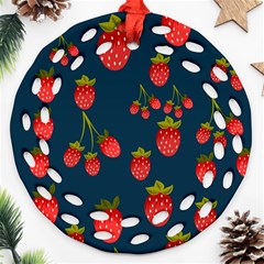 Strawberry Texture, Blue Background With Strawberries Round Filigree Ornament (two Sides)