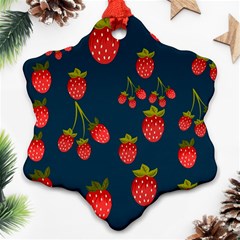 Strawberry Texture, Blue Background With Strawberries Snowflake Ornament (two Sides)