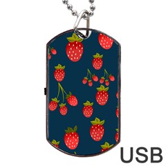 Strawberry Texture, Blue Background With Strawberries Dog Tag Usb Flash (one Side)