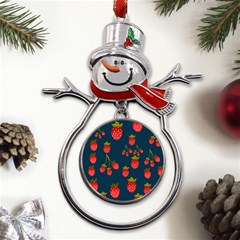 Strawberry Texture, Blue Background With Strawberries Metal Snowman Ornament