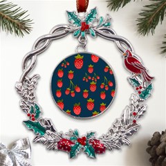 Strawberry Texture, Blue Background With Strawberries Metal X mas Wreath Holly Leaf Ornament