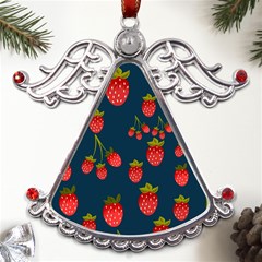 Strawberry Texture, Blue Background With Strawberries Metal Angel With Crystal Ornament