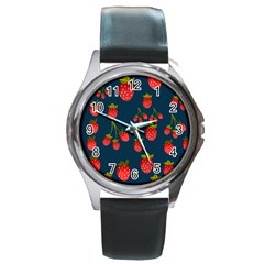 Strawberry Texture, Blue Background With Strawberries Round Metal Watch