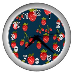 Strawberry Texture, Blue Background With Strawberries Wall Clock (silver) by kyorashop23