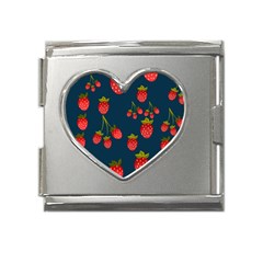 Strawberry Texture, Blue Background With Strawberries Mega Link Heart Italian Charm (18mm)