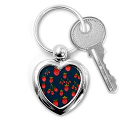 Strawberry Texture, Blue Background With Strawberries Key Chain (heart)