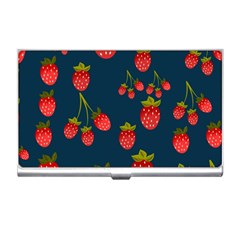 Strawberry Texture, Blue Background With Strawberries Business Card Holder