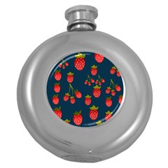 Strawberry Texture, Blue Background With Strawberries Round Hip Flask (5 Oz) by kyorashop23