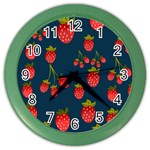 Strawberry Texture, Blue Background With Strawberries Color Wall Clock Front