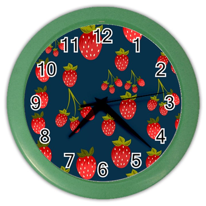 Strawberry Texture, Blue Background With Strawberries Color Wall Clock