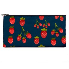 Strawberry Texture, Blue Background With Strawberries Pencil Cases