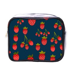 Strawberry Texture, Blue Background With Strawberries Mini Toiletries Bag (one Side) by kyorashop23