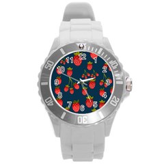 Strawberry Texture, Blue Background With Strawberries Round Plastic Sport Watch (l) by kyorashop23