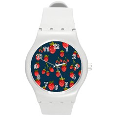 Strawberry Texture, Blue Background With Strawberries Round Plastic Sport Watch (m) by kyorashop23