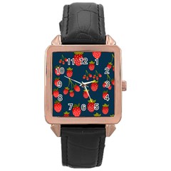 Strawberry Texture, Blue Background With Strawberries Rose Gold Leather Watch 