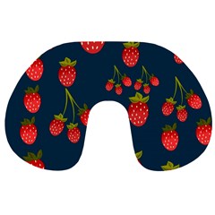 Strawberry Texture, Blue Background With Strawberries Travel Neck Pillow