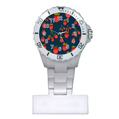 Strawberry Texture, Blue Background With Strawberries Plastic Nurses Watch