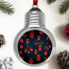 Strawberry Texture, Blue Background With Strawberries Metal Light Bulb Shape Ornament by kyorashop23