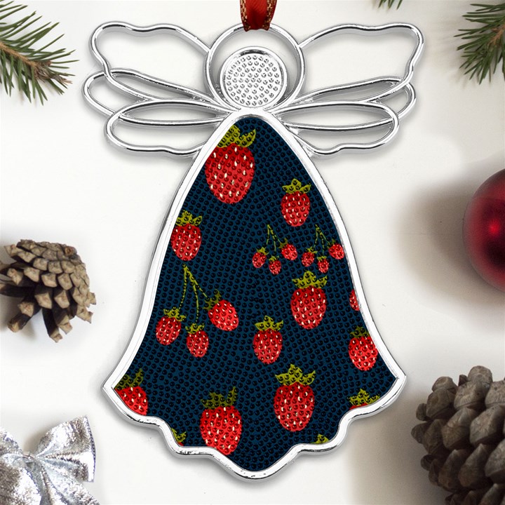 Strawberry Texture, Blue Background With Strawberries Metal Loving Angel Silver 