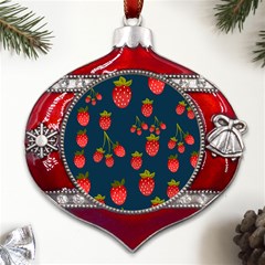 Strawberry Texture, Blue Background With Strawberries Metal Snowflake And Bell Red Ornament