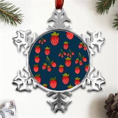 Strawberry Texture, Blue Background With Strawberries Metal Small Snowflake Ornament by kyorashop23