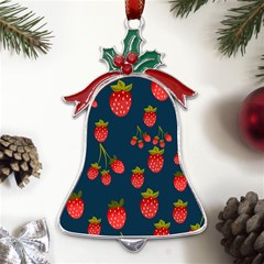 Strawberry Texture, Blue Background With Strawberries Metal Holly Leaf Bell Ornament