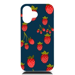 Strawberry Texture, Blue Background With Strawberries Iphone 16 Black Uv Print Pc Hardshell Case by kyorashop23