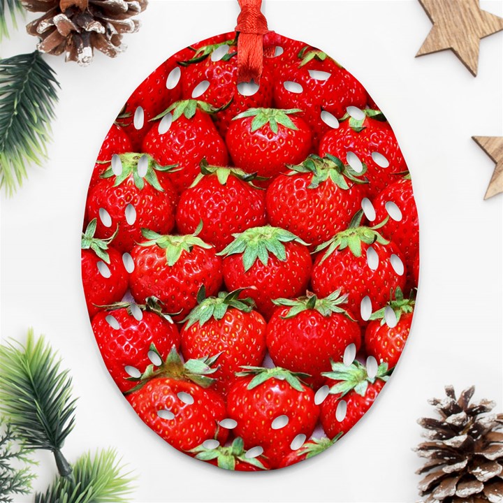 Strawberry Texture, Macro, Ripe Strawberry Oval Filigree Ornament (Two Sides)