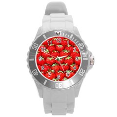 Strawberry Texture, Macro, Ripe Strawberry Round Plastic Sport Watch (l) by kyorashop23