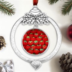 Strawberry Texture, Macro, Ripe Strawberry Metal Silver X mas Leaves Round Ornament by kyorashop23