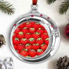 Strawberry Texture, Macro, Ripe Strawberry Metal Snowflake Red Crystal Round Ornament by kyorashop23