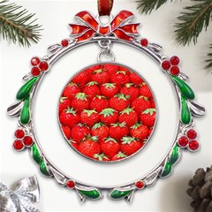 Strawberry Texture, Macro, Ripe Strawberry Metal X mas Wreath Ribbon Ornament