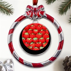 Strawberry Texture, Macro, Ripe Strawberry Metal Red Ribbon Round Ornament by kyorashop23