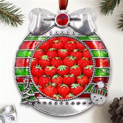 Strawberry Texture, Macro, Ripe Strawberry Metal X mas Ribbon With Red Crystal Round Ornament by kyorashop23