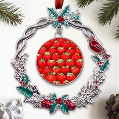 Strawberry Texture, Macro, Ripe Strawberry Metal X mas Wreath Holly Leaf Ornament