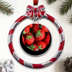 Strawberry, Berries, Fresh, Red Metal Red Ribbon Round Ornament by kyorashop23